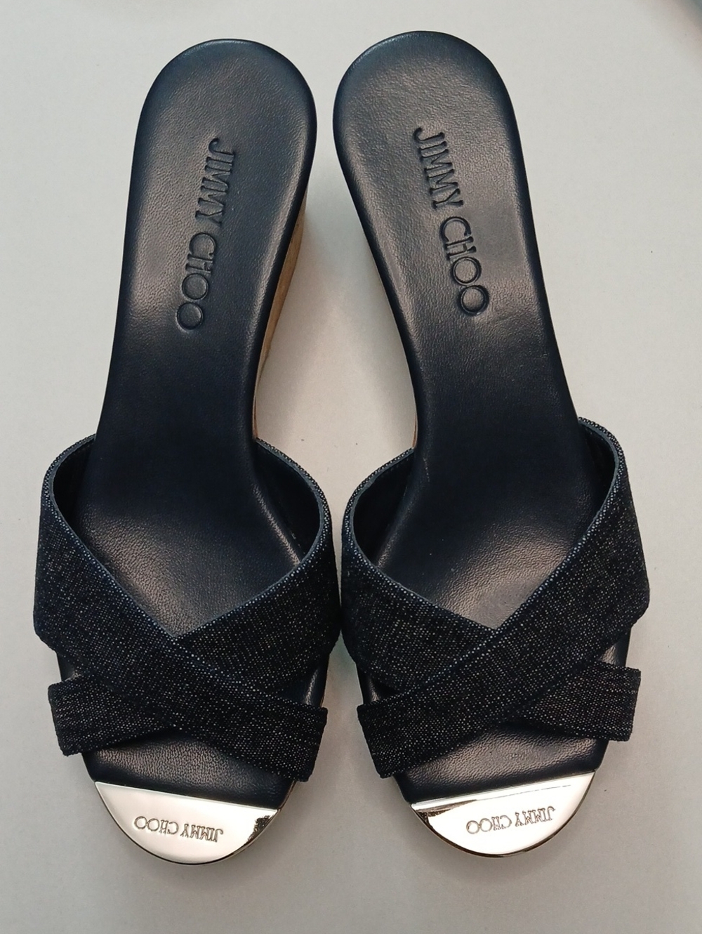 Jimmy Choo Black Crisscross Slide Mules with Silver Toe Caps
